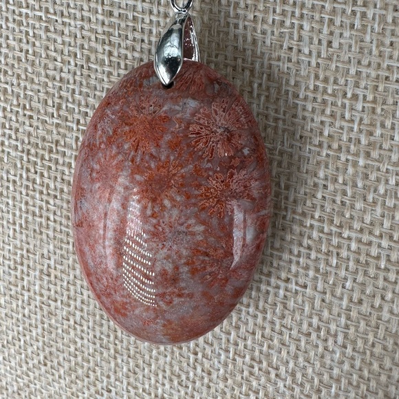 Orange and Pink/Lavender Coral Fossil Oval Pendant on Black Satin Rope - Picture 7 of 12